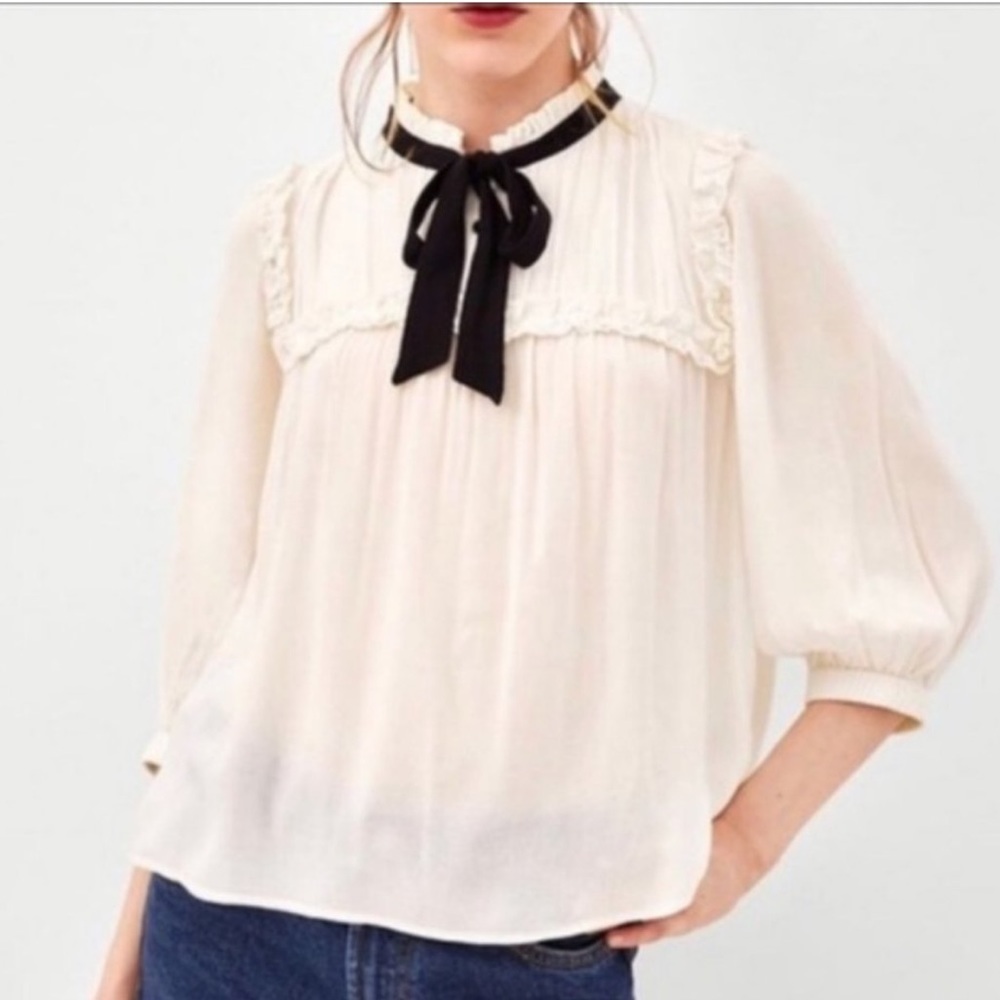 Zara Trf White Black Bow Ruffle long sleeve Blouse